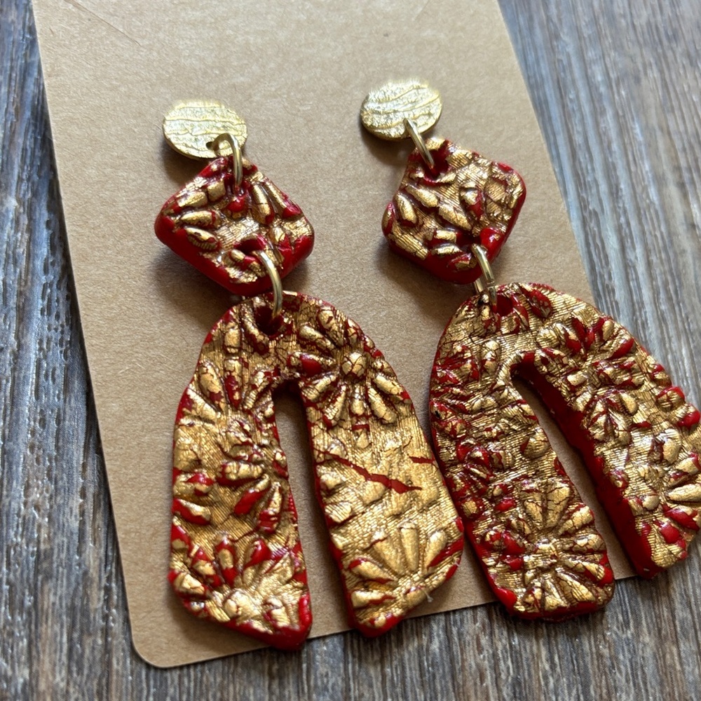 Handmade Red & Gold Floral Arch Drop Polymer Clay Earrings - Women Jewelry - Picture 2 of 5